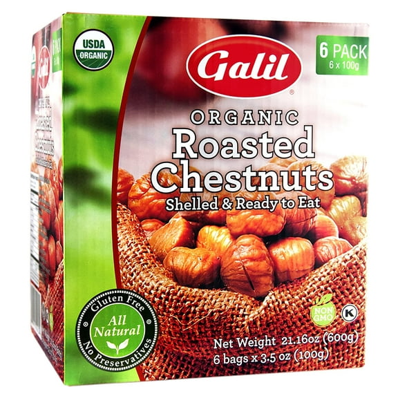 Galil Organic Roasted Chestnuts - 3.5 Oz Bags (Pack Of 6) - Shelled - Ready To Eat Snack, Gluten Free, All Natural, No Preservatives - Great for Snacking, Baking & Cooking - 100% Vegan