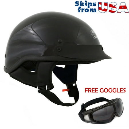 Motorcycle Half Helmet Cruiser DOT Street Legal – Glossy Black (Large) + Free