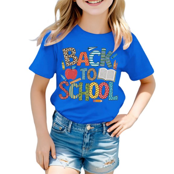 MIXUE Toddler Girls Tops & T-Shirts Summer Last Day Of School Letter Print Round Neck Short Sleeve Loose Fashion Pullover T Shirts Daily-Wear,Blue,3-4 Years