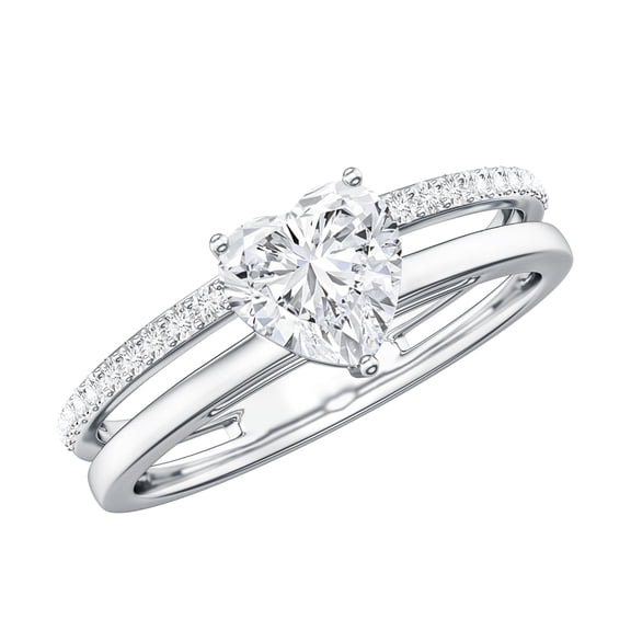 Rosec Jewels Moissanite Heart Engagement Ring 1 Ct - Double Band Ring - 7 mm - D-VS1 Quality Certified, 925 Sterling Silver, US 4.00