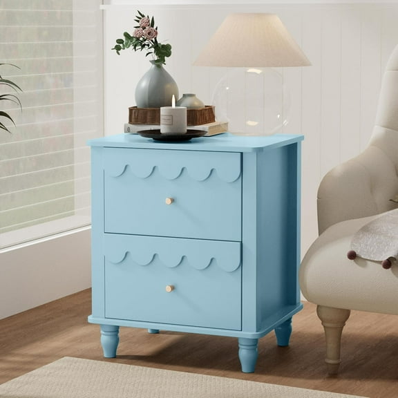 Blue Nightstand Side End Table with 2 Drawers, Modern Night Stand with Petal Pattern for Bedroom, Scalloped Bedside Night Tables with Solid Wood Legs