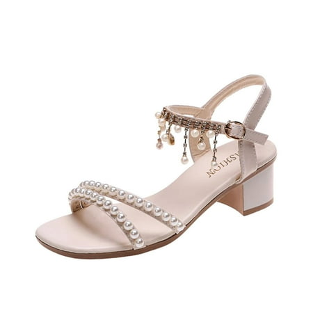 

Womens Chunky Block Heeled Sandals Pearls Rhinestone Fringe Pendant Party Wedding Shoes Fashion Open Toe Ankle Strap Mid Heels