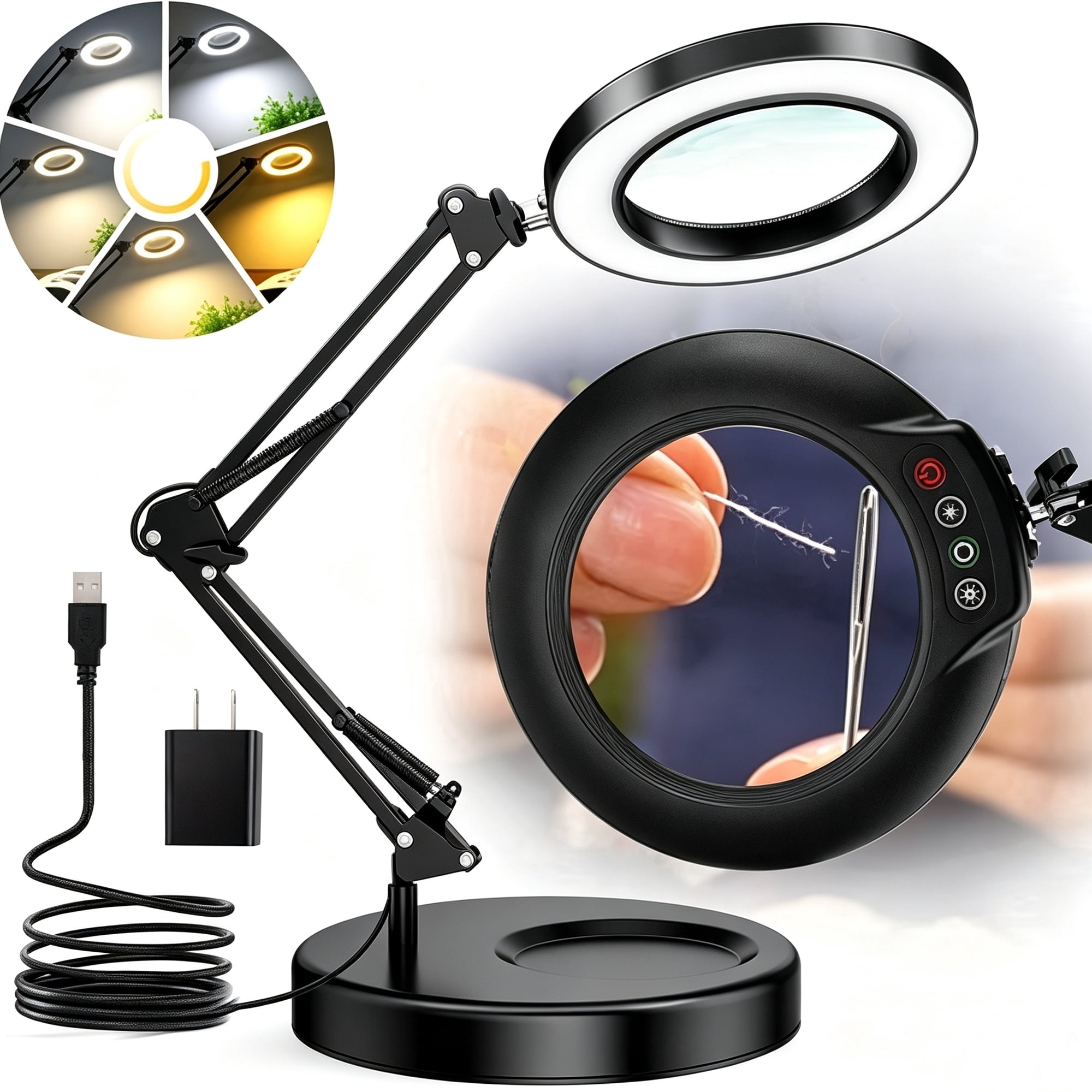 Magnifying Glass with Light,Upgrade Button 5 Color Modes Stepless Dimmable 2-in-1 LED Lighted Desk Lamp & Clamp, Hands Free Magnifier with Light and Stand for Craft Hobby Repair Close Work