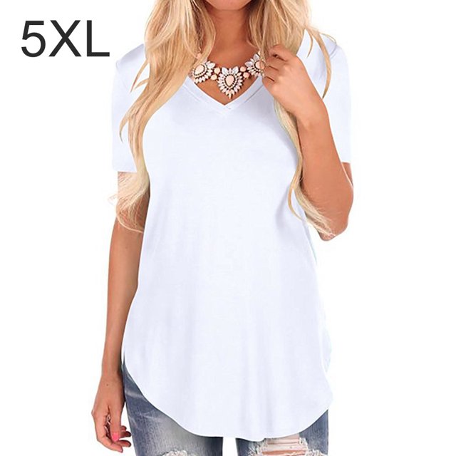 Qarigey Camiseta de mujer con cuello en V Blusa casual Color sólido con cuello en V Top de manga corta Prendas para la parte del cuerpo Blanco 5XL