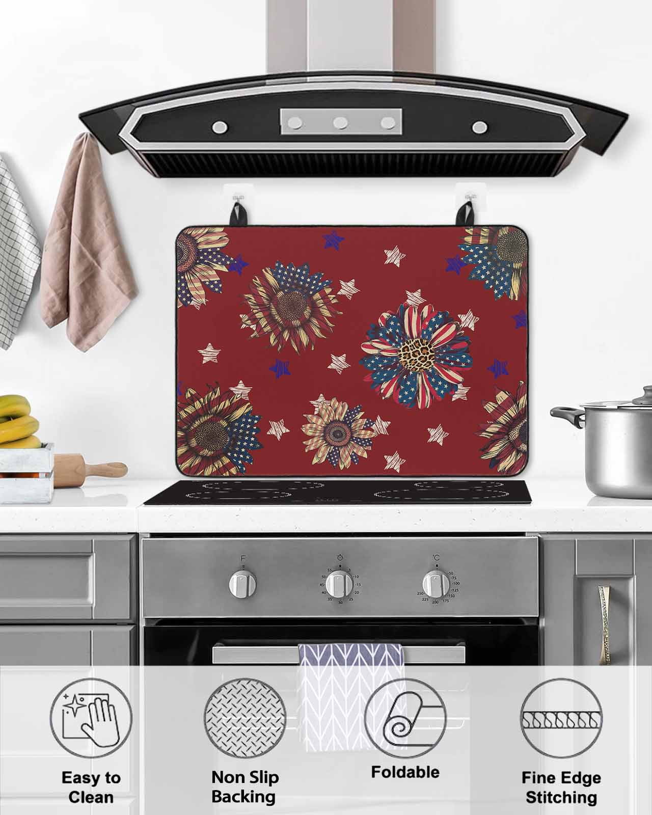 nqOlkjepod Large Induction Cooktop Protector Mat 36"x21", Independence Day Stove Top Covers for Electric Stove, Red Stars Stripes Sunflower Modern Stove Burner Cover Mats, Glass Top Stove Cover