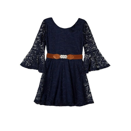 - Girl's Belted Lace Fit-&-Flare Dress
