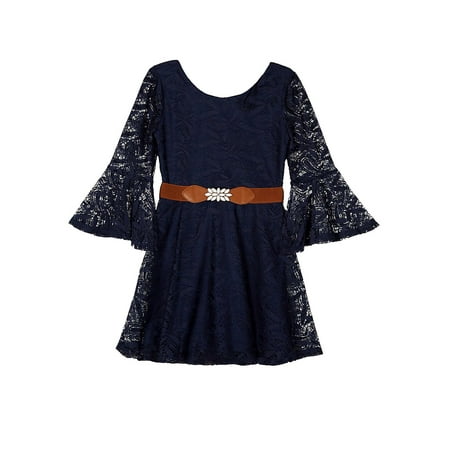 Amy Byer Bell Sleeve Lace Dress with Belt (Big Girls)