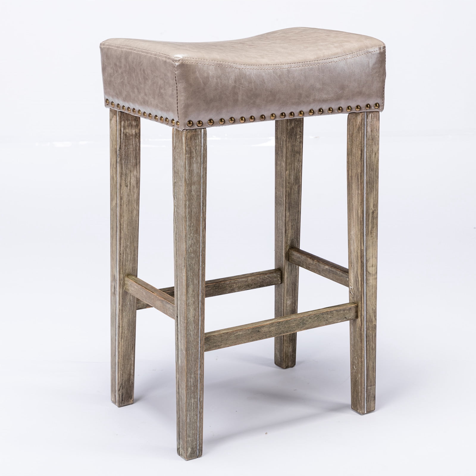 Hommoo Saddle Stool Set of 2, 29 Inch Bar Stools with Faux Leather, PU Leather Backless Bar Height Stools, Gray