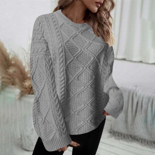 Frostluinai Chandail Jacquard Femme Manches Longues Col Rond Tricoté Couleur Unie Décontracté Léger Automne Ample
