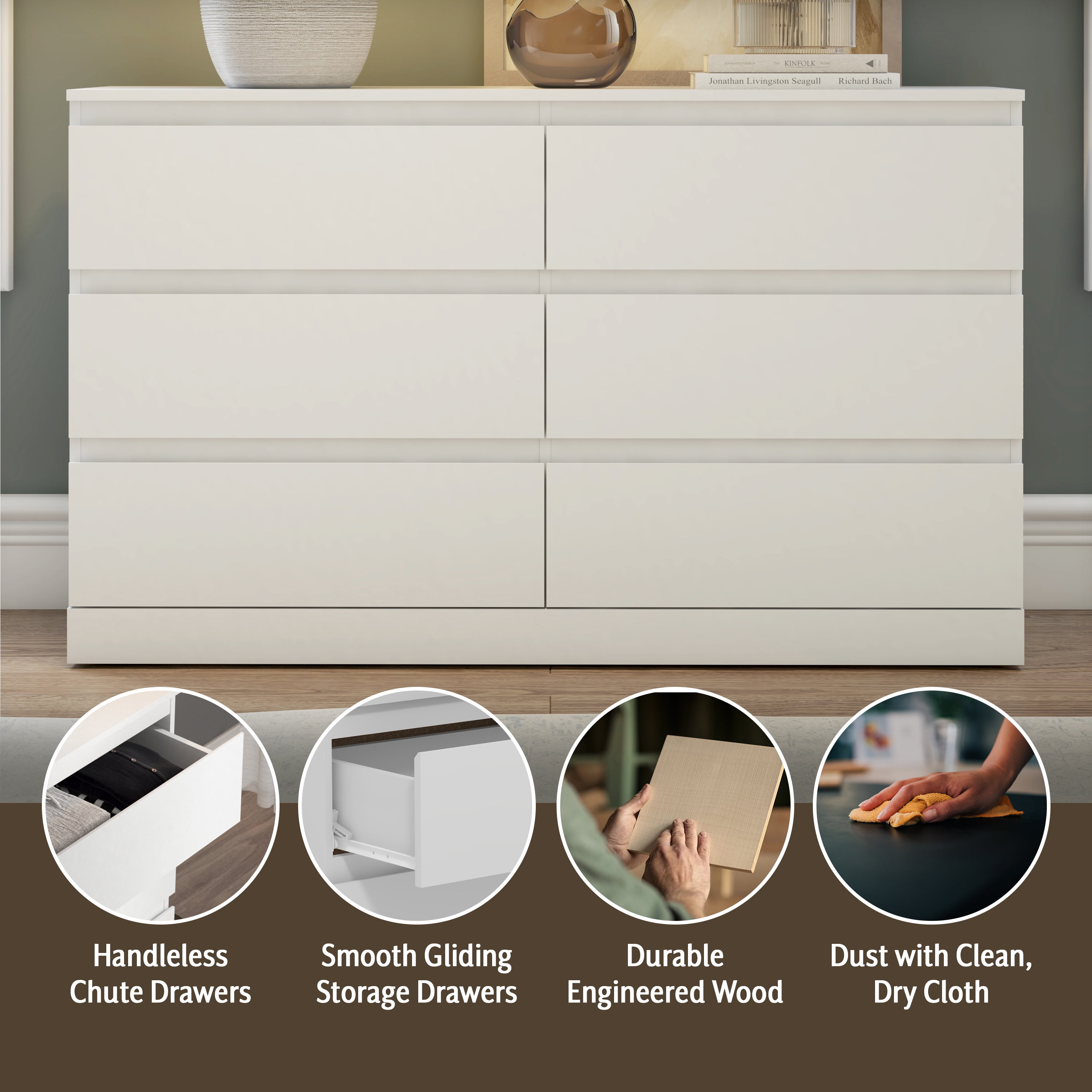 Brindle 6 Drawer Dresser, Matte White, by Hillsdale Living Essentials