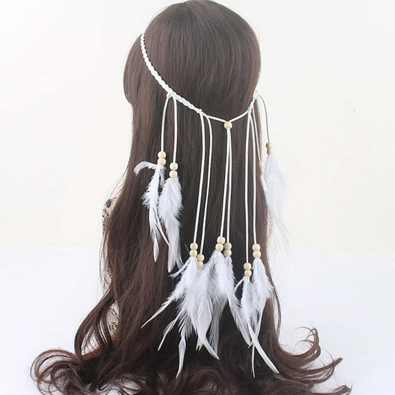 Bohemian Women's Headband - Peacock Tassel Hair Accessory, Adjustable Faux Leather with Wooden Beads, Festival Headpiece for Parties, Weddings & Costumes