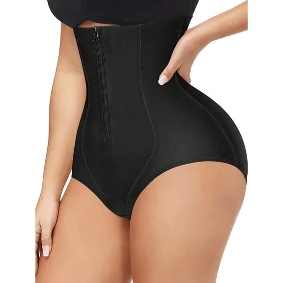 Black High-Waisted Zipper Front Shaping Panties With Extra Firm Control