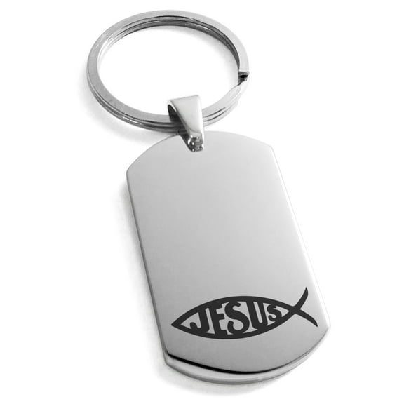 Stainless Steel Ichthus Jesus Fish Engraved Dog Tag Keychain Keyring