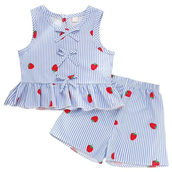 Faraee Toddler Girl Clothes Baby Strawberry Print 2 Piece Stripe Summer Outfits Ruffle Hem Vest Shirt Tank Tops Shorts Set (18-24M,Blue)