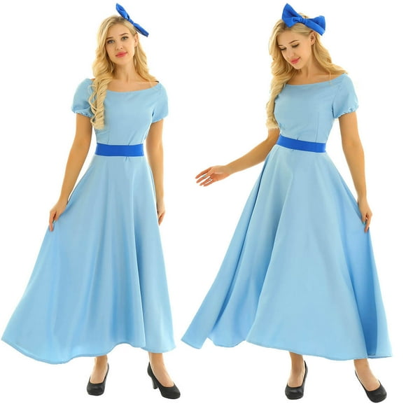 Aislor Women Boat Neck Princess Party Fancy Maxi Dress with Head Accessory And Belt Light Blue M