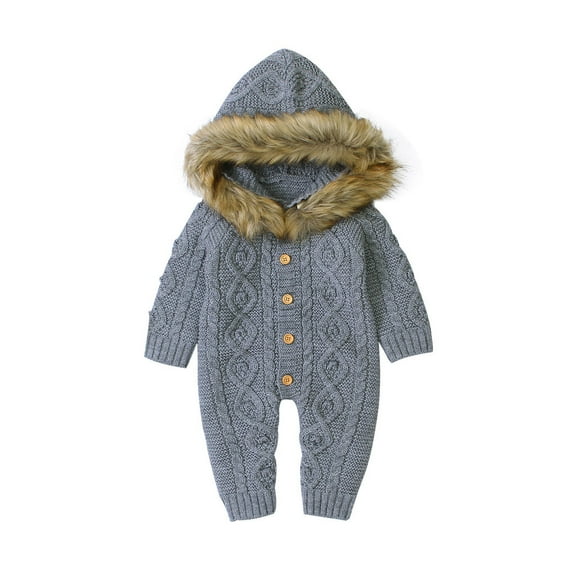 Generic Kids Indoor Sweaters Winter Baby Boy Girl Cardigan Sweater Button Up Hooded Knit Collar Warm Jumpsuit Clothes for Fashion Lightweight (12-18 Months,Grey)