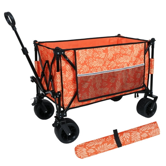 Folding Wagon Cart 480lbs, Beach Wagon with Picnic Mat - Heavy Duty All-Terrain Wheels, Drink Holders, Brakes - Camping, Garden, Sports