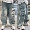 thumbnail image 2 of TOWED22 Boys Baggy Jeans Straight Wide Leg Cargo Jeans Vintage Elastic Waist Denim Pants Y2K Streetwear with Pockets Fall Winter(Navy,7-8 Y), 2 of 7