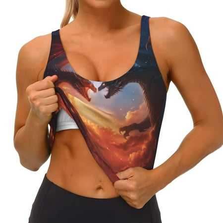 Qokaie Red And Blue Fire Cloud Dragon Pattern Womens Scoop Neck Sports Bra Breathable Workout Vest Padded U Back Medium Impact Fitness Gym Yoga Bra Workout Crop Top