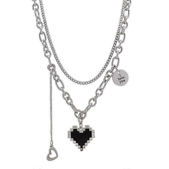 Women Punk Mosaic Pixel Necklace Double Layer Chain Black Heart Pendant Necklace Female