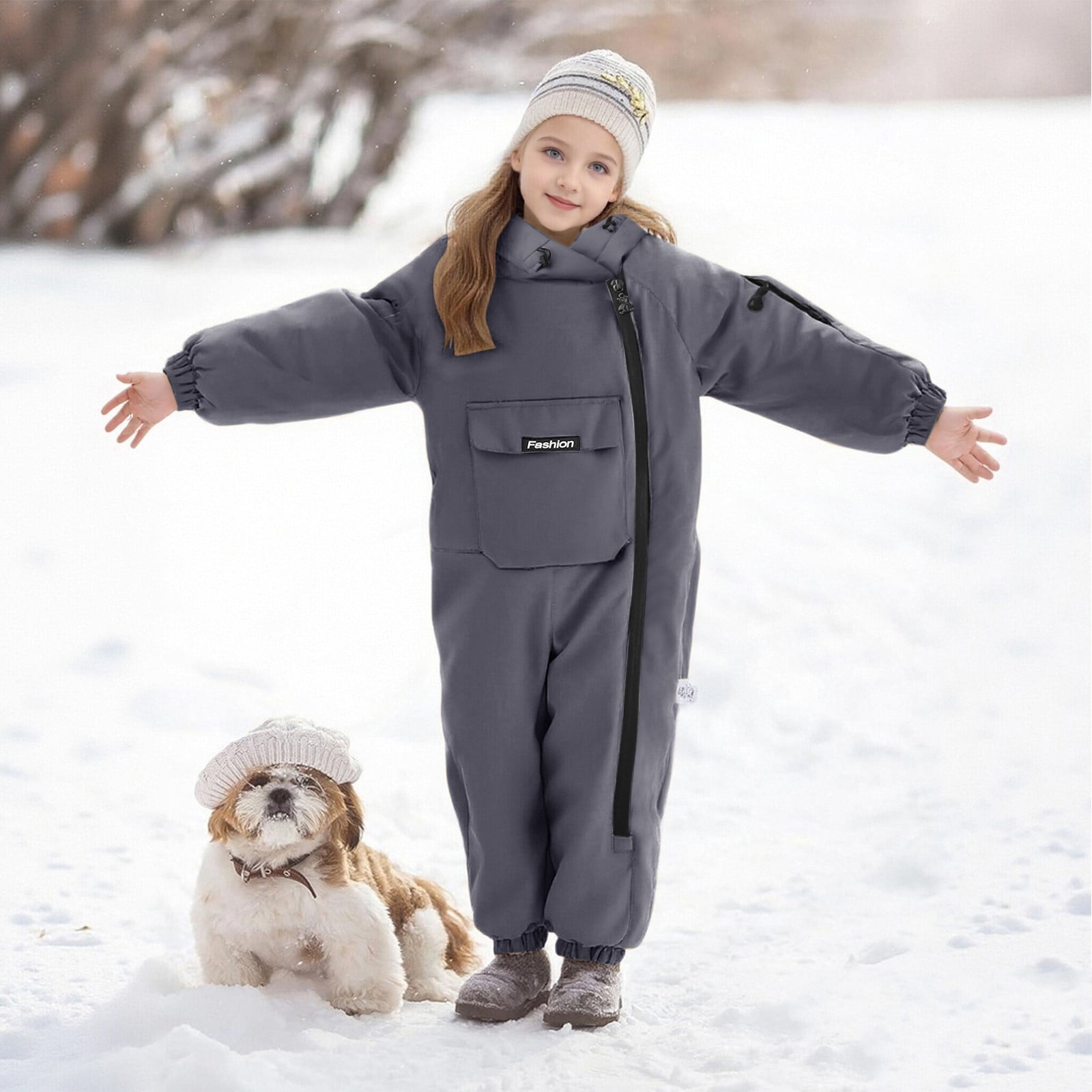 KAUOD Boys Girls One Piece Snowsuits Fleece-Lined Hooded Insulated Ski Jumpsuits Front Pockets Side Zipper Snowboard Suits
