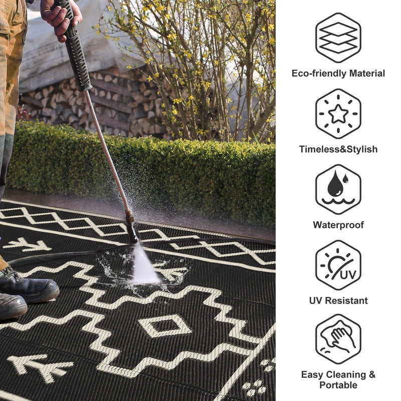 Wonnitar 5x8 Waterproof Outdoor Rugs, Plastic Straw Rug for Outside, Portable RV Outdoor Rugs for Camping, Black Boho Carpet for Patio Garden