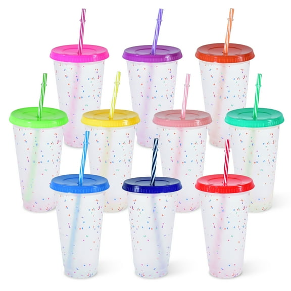 AGH Confetti Color Changing Cups 25 Pack 24oz Cold Cups with Lids and Straws for Iced Coffee, Party, Pool, Reusable Plastic Tumblers, 10 Colors Lids and Straw Mix