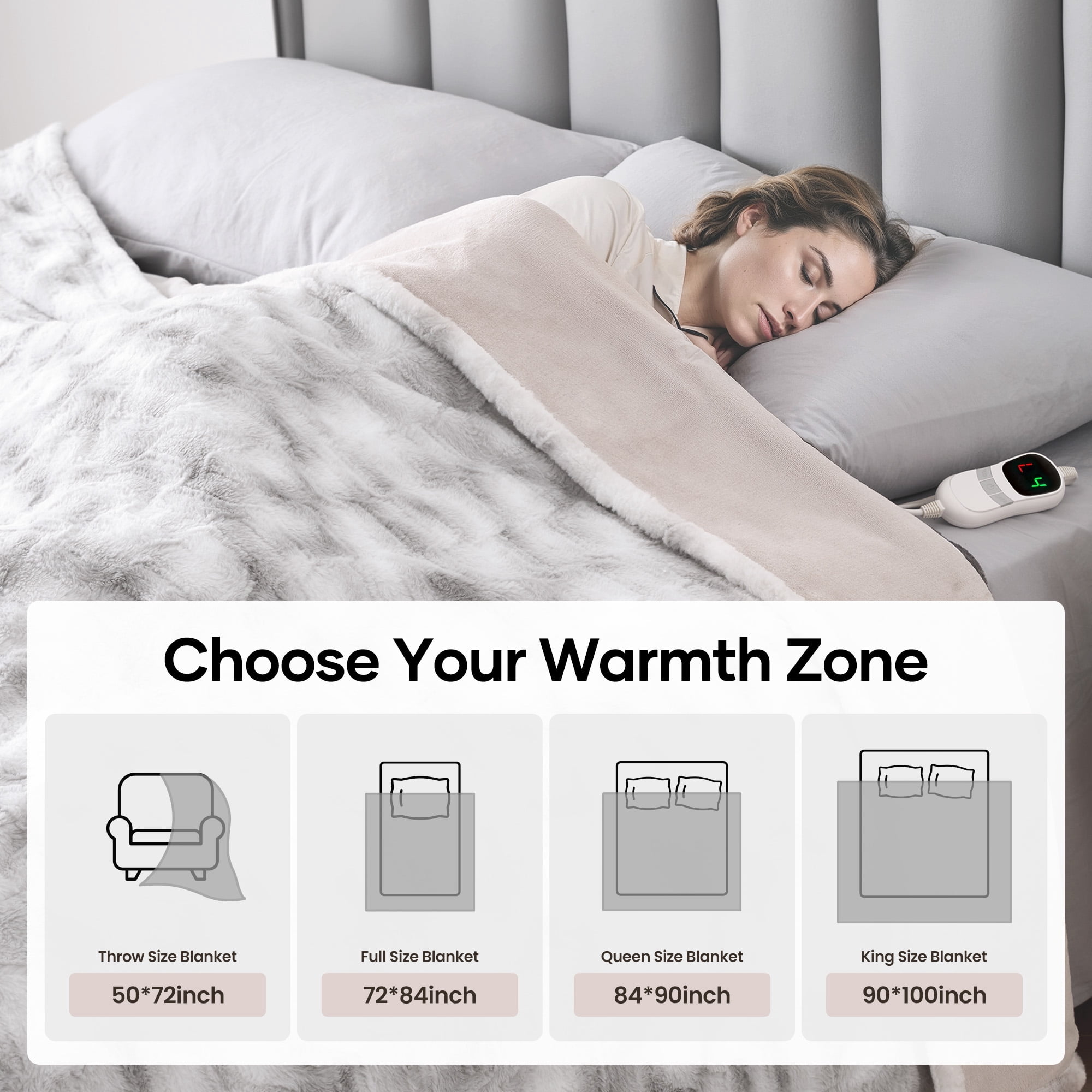 MARNUR Heated Blanket Queen,84"x90" Faux Fur Electric Blanket, Fast Heating with Dual Controllers,10 Heating Levels, 10 Hours Timer, Gray