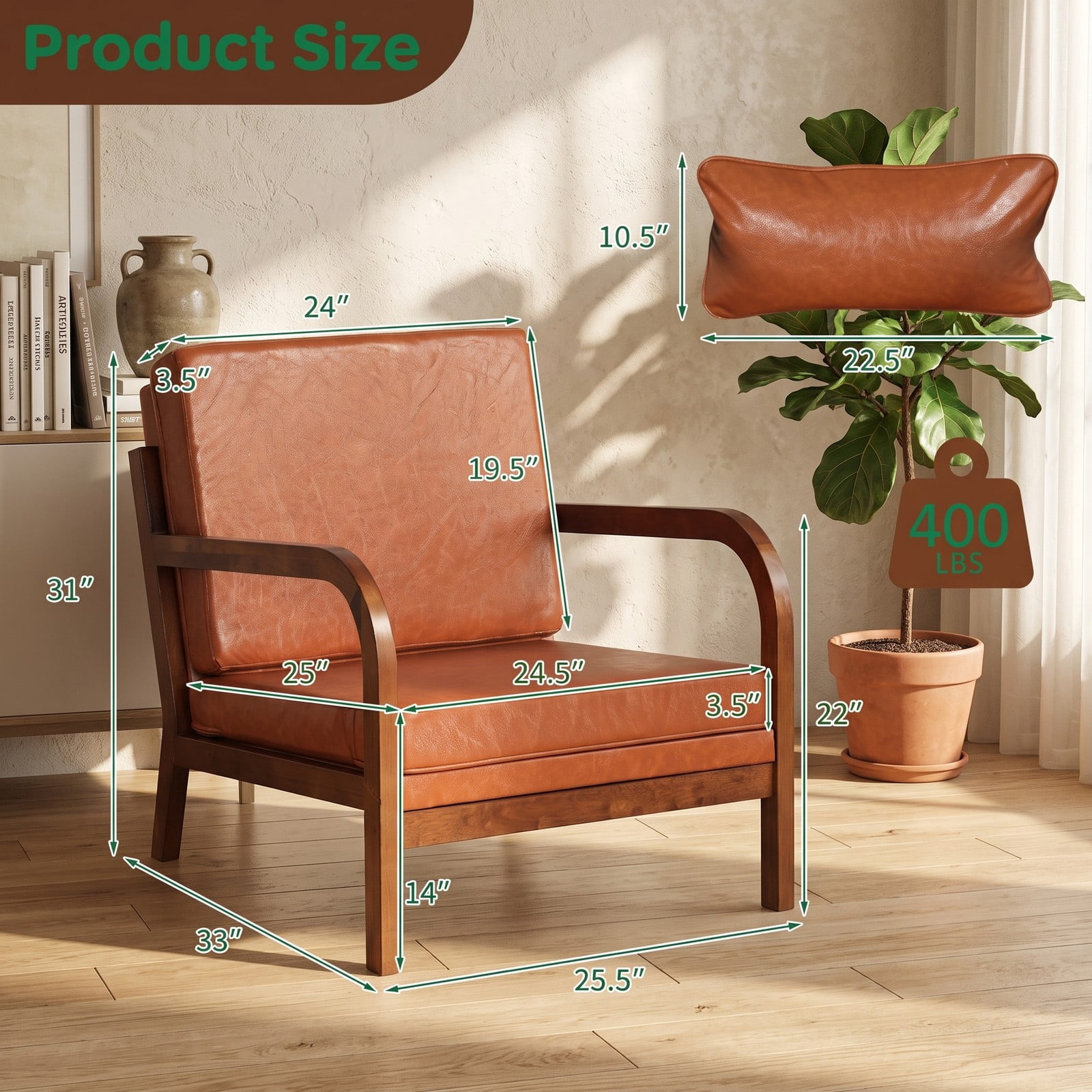 Furnibear Modern Accent Chair, Faux Leather Linen Fabric Upholstered Armchair with Removable Lumbar Pillow, Rubber Wood Frame Single Sofa Chair for Living Room, Brown
