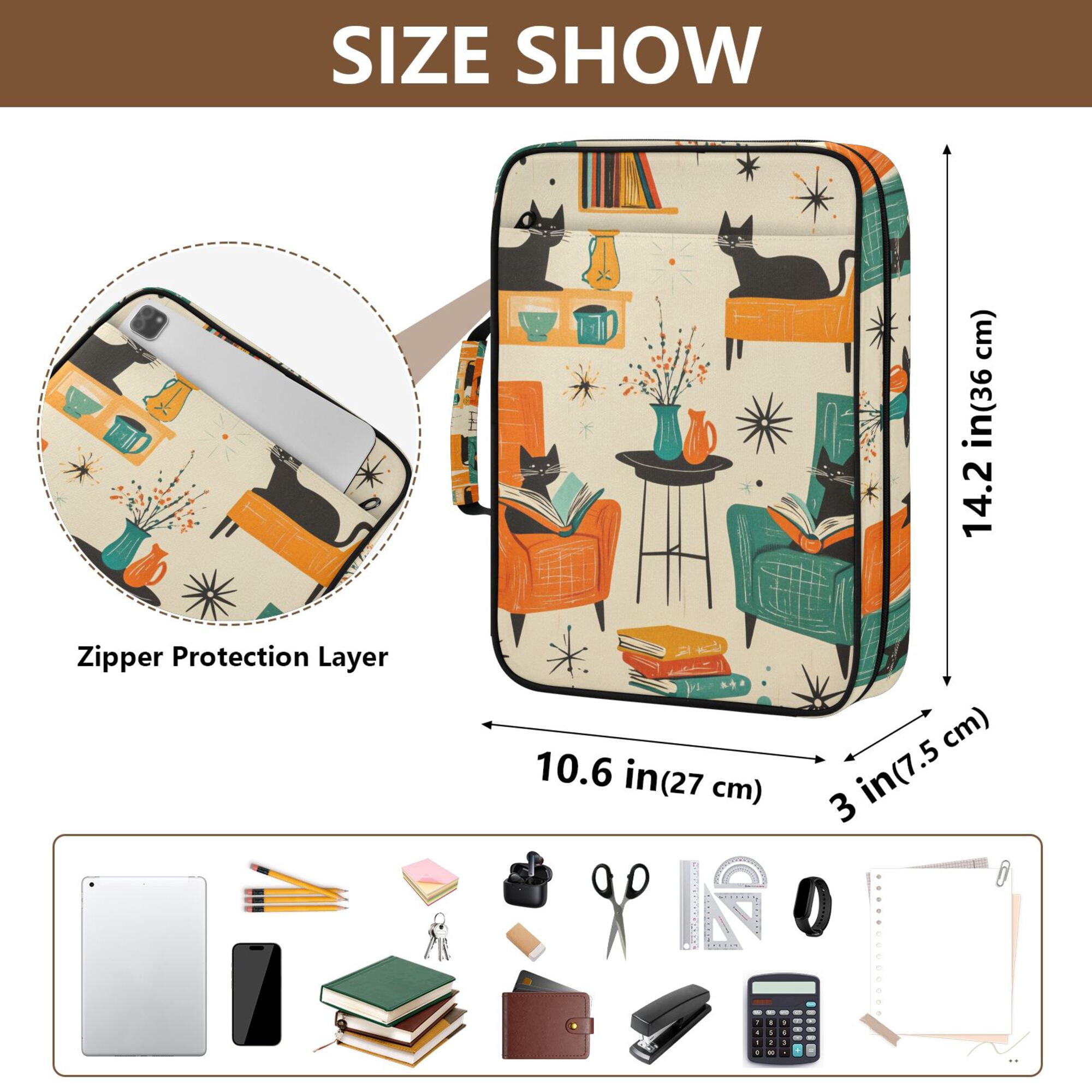 FORMRS Accordion File Folder A4 Size 7-Pocket Expanding Document Organizer Bag with 3 Ring Binder, Black Cats Reading