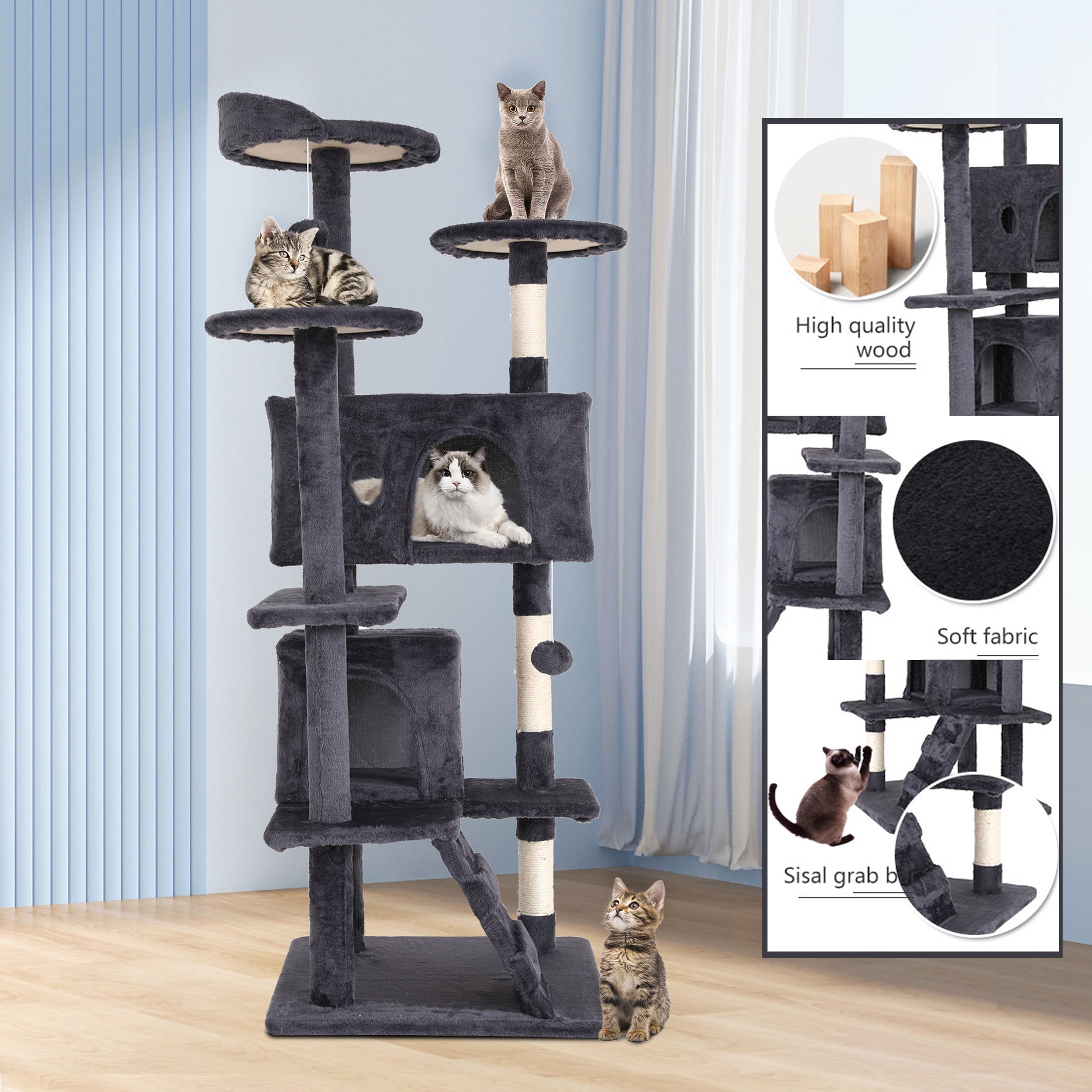 XF XINFENG 54in Cat Tree Tower Stand Multi-Level Kittens Cozy Condo Furniture Cats House with Funny Toys Scratching Sisal Posts for Indoor, Ashy