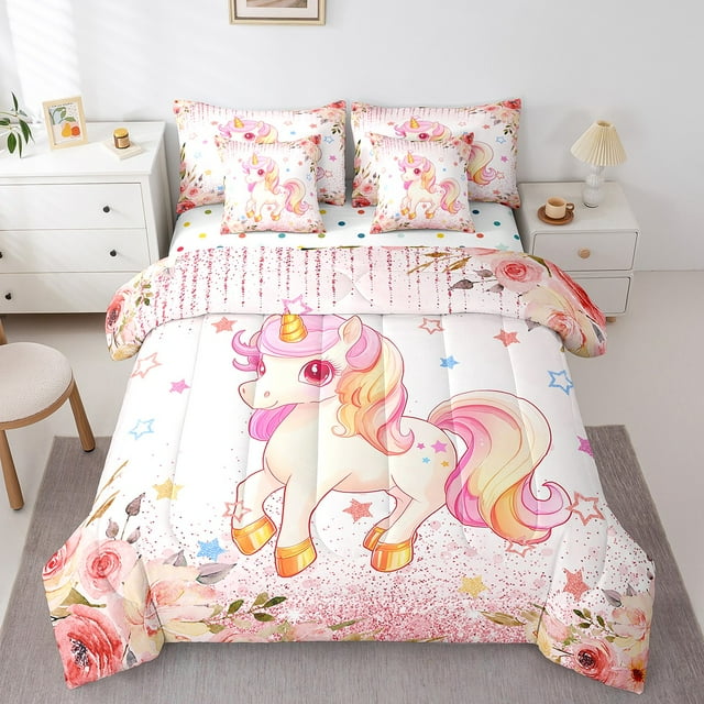 YST 7 Piece Bed in a Bag King Size Comforter Set Kids Unicorn Bedding Set,Girls Rainbow Unicorn Reversible Design Bed Set,Cartoon Unicorn Comforter with Sheet Set,All Season