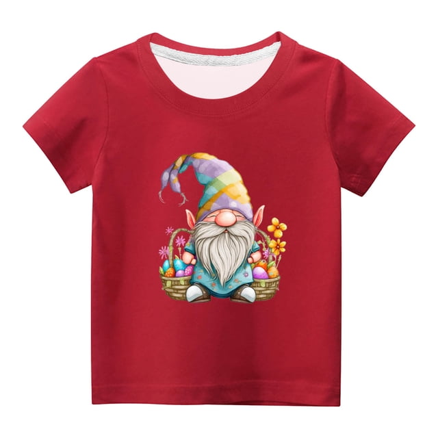 Penkiiy T-Shirts de Pâques pour Enfants Garçons Filles Mode Mignon Nain de Pâques Imprimé Col Rond Manches Courtes 11 Ans Rouge