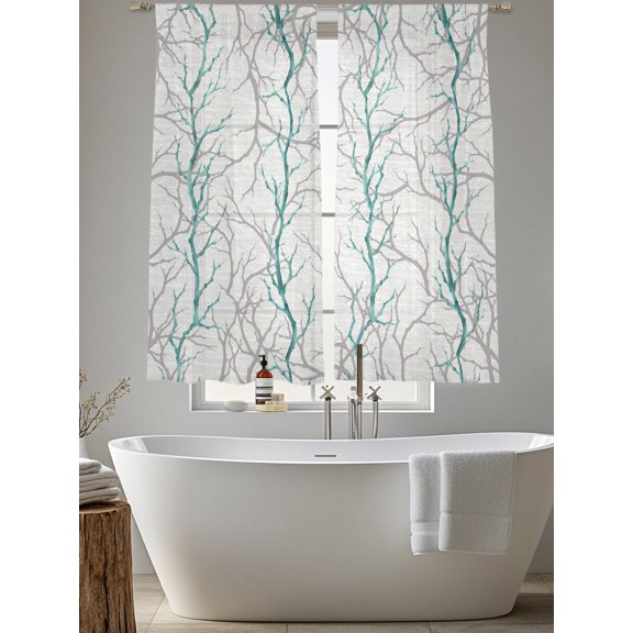 Turquoise Grey Branches Chiffon Sheer Curtains 63 Inches Long Modern Abstract Art Rod Pocket Window Curtains Voile Drapes Curtains for Living Room Bedroom,2 Panels