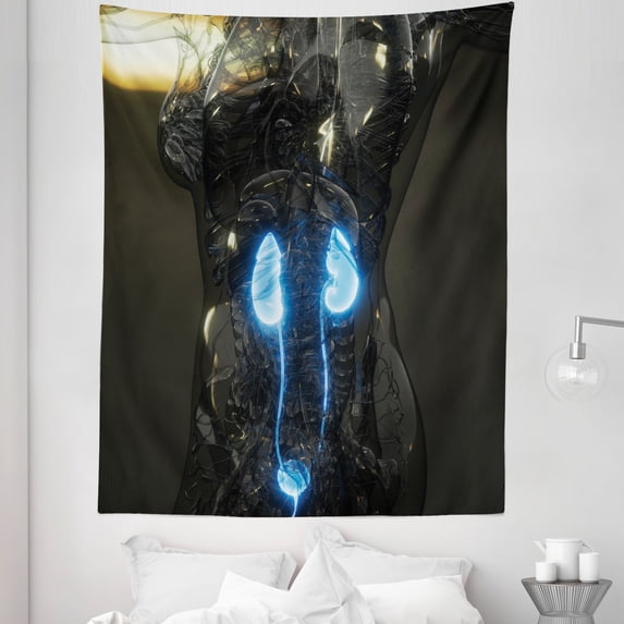 Anatomy Tapestry, X-ray Seen in Translucent Women Body Computer Graphics Technology, Fabric Wall Hanging Decor for Bedroom Living Room Dorm, 5 Sizes, Dark Grey and Navy Blue, by Ambesonne