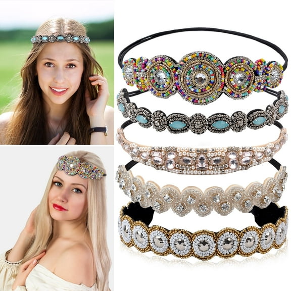 5PCS Rhinestone Headbands for Women Hair Bands No Slip Fashion Boho Elastic Head Wrap Wedding Bridal Gatsby Headwrap for Girls