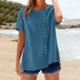 thumbnail image 2 of Bvxeep Women's Solid Color Linen Short Sleeve Crew Neck Pullover Button Fashionable Top, 2 of 7