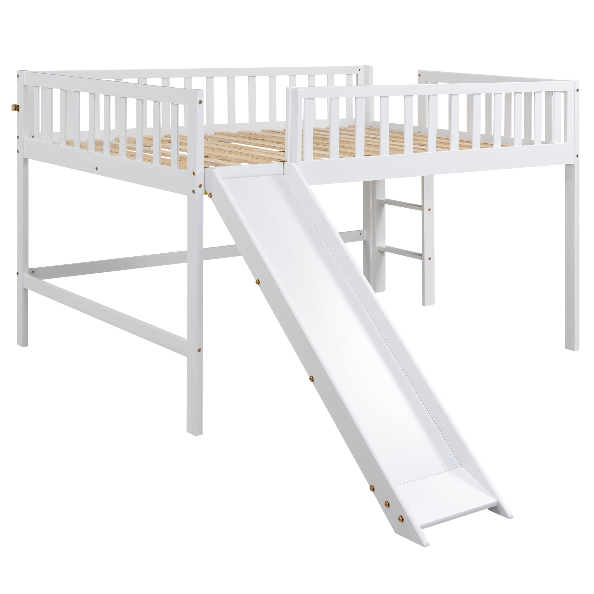 Euroco Wood Full Size Loft Bed, Low Profile Bed with Vertical Ladder and Slide for Kids Teens, White