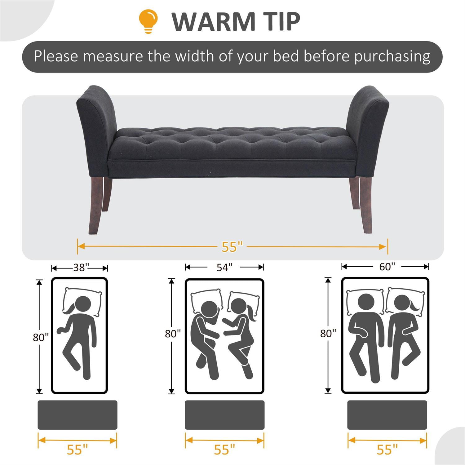 Demi Bonn 55" Upholstered Bench with Button Tufted Design, Armrest & Solid Wood Ends for Bedrooms, Comfortable Seating & Stylish Decor, Black