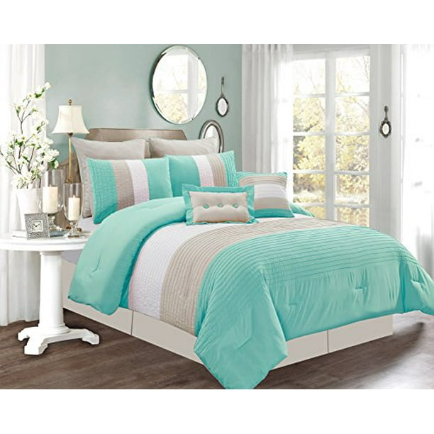Grand Linen 8 Piece California Cal King Size Turquoise Blue White Grey Pin Tuck Stripe Regatta Goose Down Alternative Comforter Set 104 X 90 Bedding With Accent Pillows And Euro Sha Com Grey Pin Tuck Stripe Regatta Goose Down, Turquoise Cal King Bedding