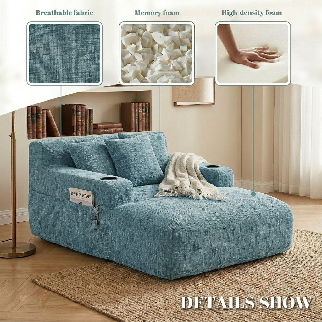 MOONMISS Chenille Chaise Lounge Chair Indoor, Single Sleeper Sofa Chair with Pillows & Cup Holders, Comfy Compression Sofa Bed for Living Room, Bedroom
