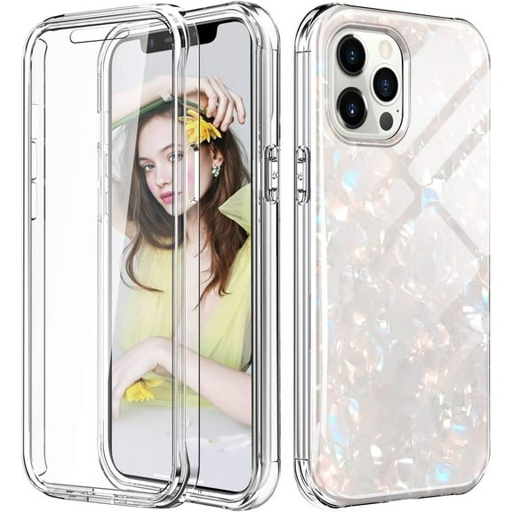 Marble Case for iPhone 12/iPhone 12 Pro 6.1" Case with Screen Protector 360 Full Body Protection 2 in 1 Crystal Dual Layer Cover Heavy Duty Hard PC Shell Soft Silicone Rubber Bumper Seashell Case