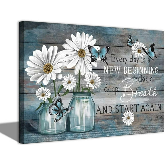 Daisy Canvas Wall Art Butterfly Wall Decor Inspirational Poster Print Flower Picture Painting Still Life Suitable for Country Farmhouse Bedroom Bathroom Rustic Wall Decoration (blue, 16x12in canvas)