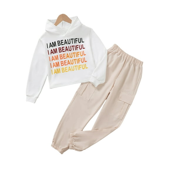 10T Kids Girls Clothes Big Girls Spring Autumn Outfits 8-12 Years Girls Letter Print Long Sleeve Hooded Top Pants Set White
