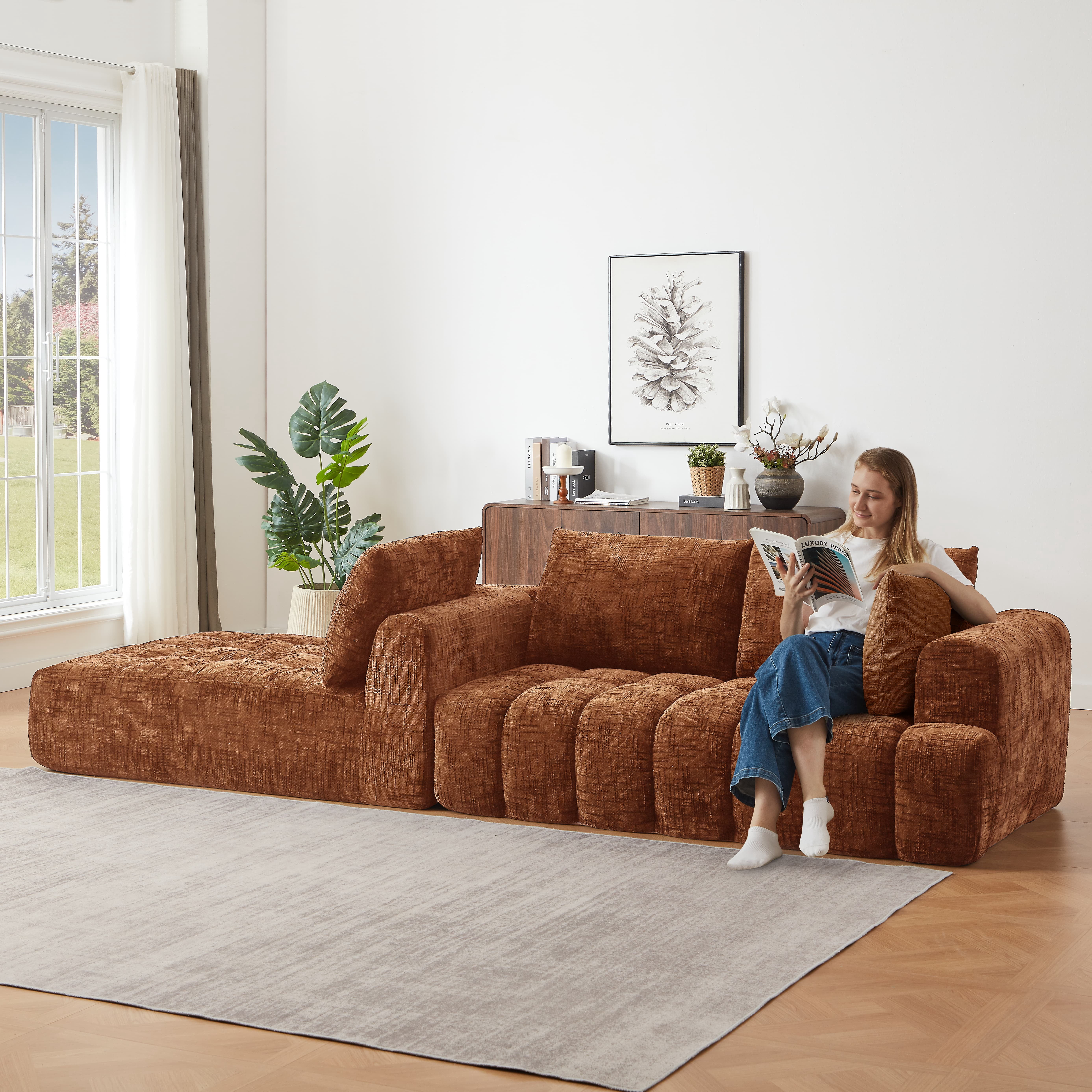 MAYEERTY 108.3" Orange Chenille L-Shaped Modular Sectional Sofa, Pocket Spring No Assembly Couch for Living Room Apartment