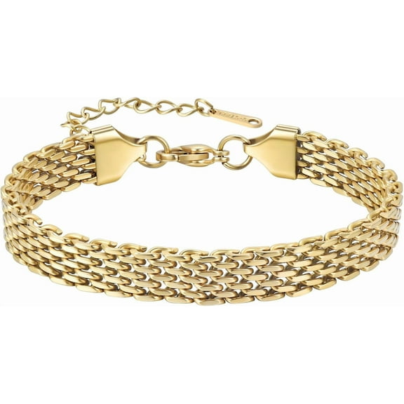 14K gold bracelets for women Adjustable gold plated Link Bracelets - Non Tarnish, Waterproof Mesh & Bangle Bracelets Lightweight Trendy Chunky Chain[r586]
