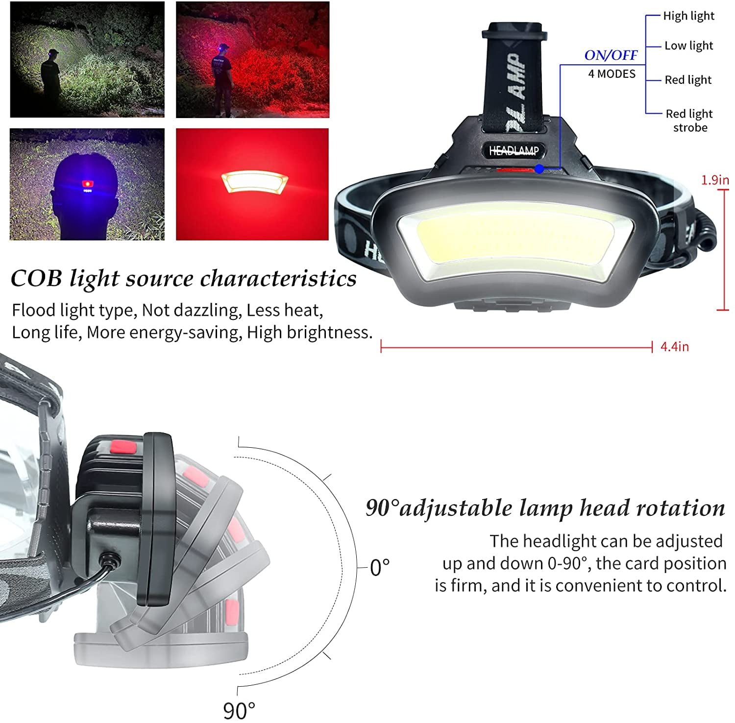 COB Floodlight Headlamp USB Rechargeable with Red Light, 2000 Lumen LED Headlight - Car Maintenance and Night Construction 6-10 Hours Long Battery Life
