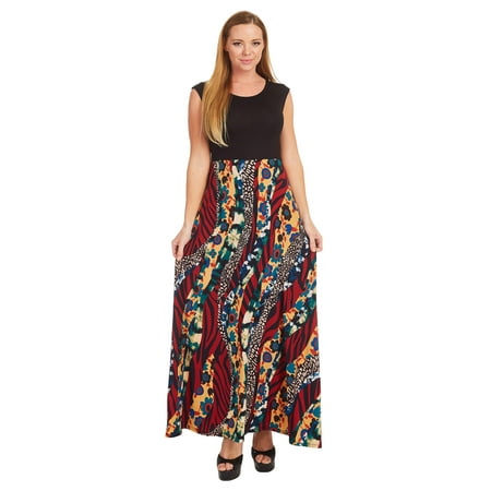 WDR1396 Womens Print Contrast Sleeveless Empire Line Maxi Dress - Made in
