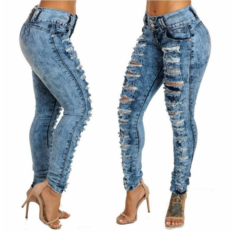 Smihono Women s High Waisted Elastic Buckle Denim Jeans with Holes XXX Large size Full Length in Love Blue