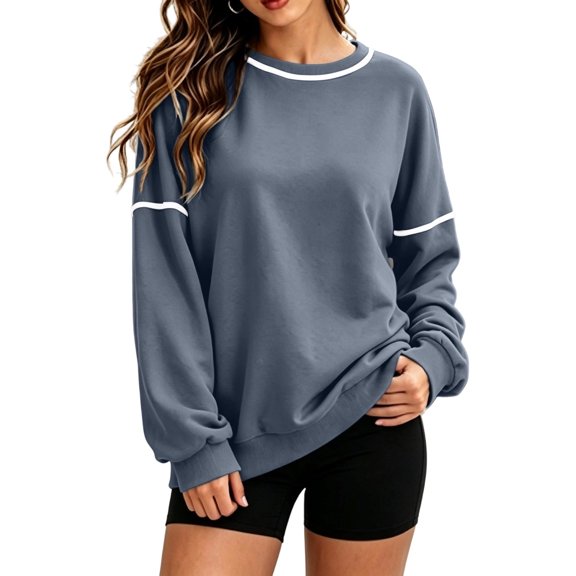 Women's Crew Neck Pullover Sweatshirt, Long Sleeve Loose Tops with Contrast Striped Details on Neck and Sleeves,Fall Winter Daily Wear Gray M